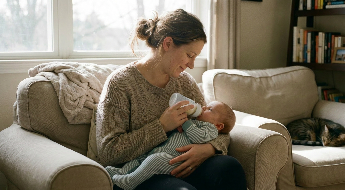 Parent bottle-feeding a baby at home in a calm, everyday setting