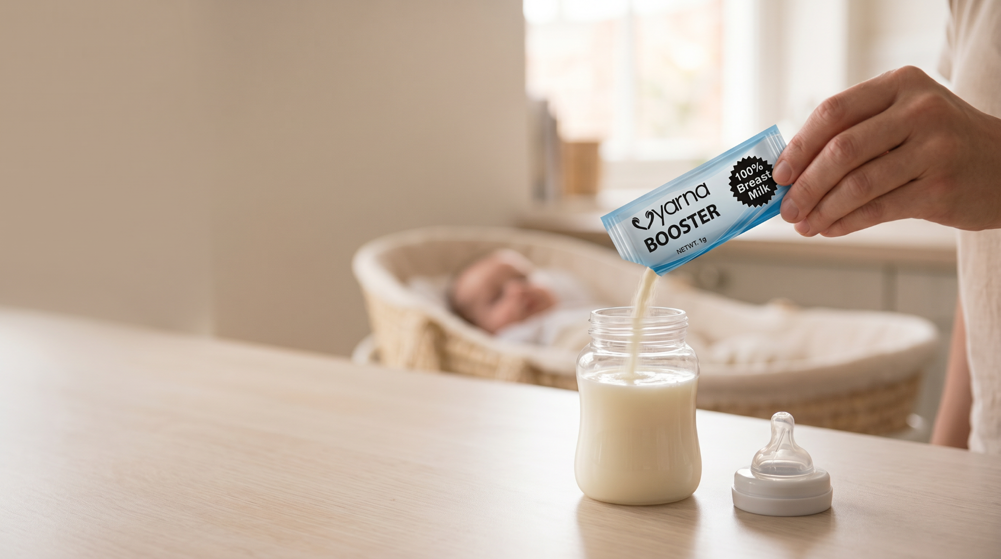 Parent adding Vyarna freeze-dried human breast milk to a baby bottle as part of a feeding routine